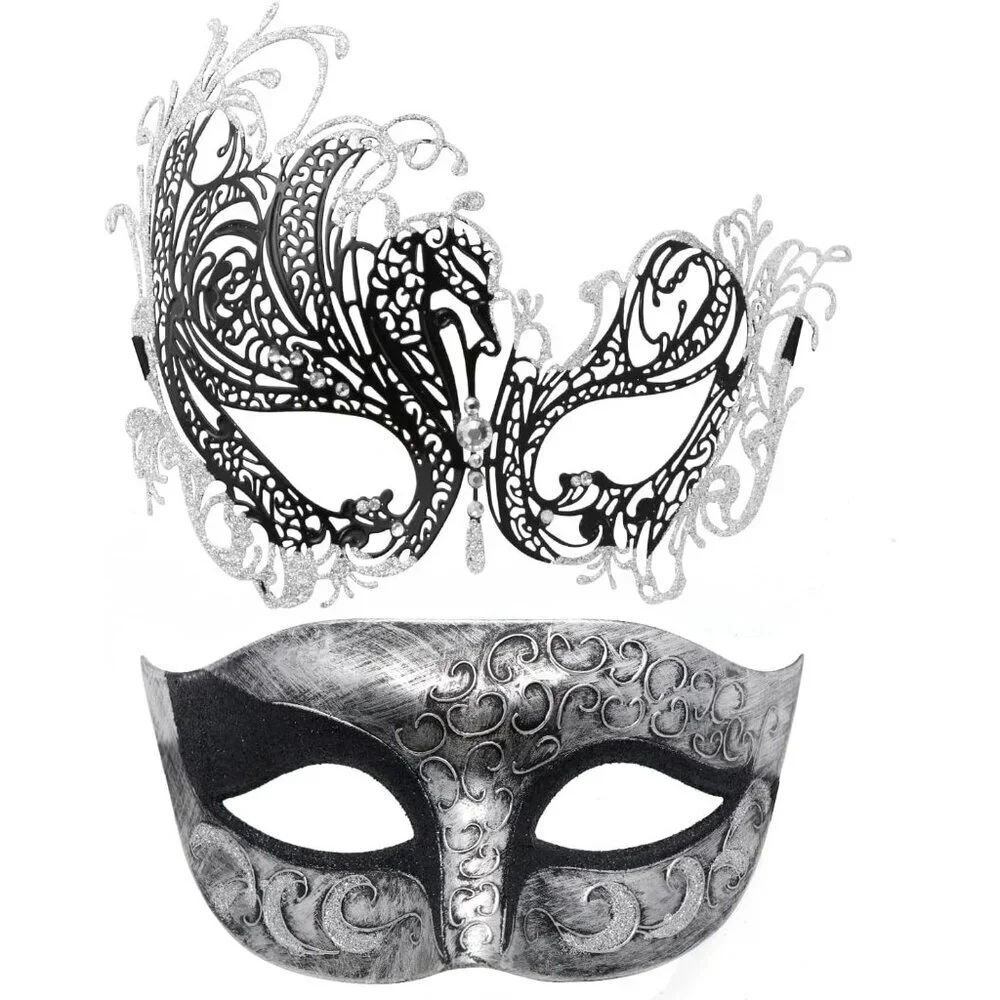 Masquerade Masks Set Metal Lace Sequin Plastic Adjustable for Party Halloween